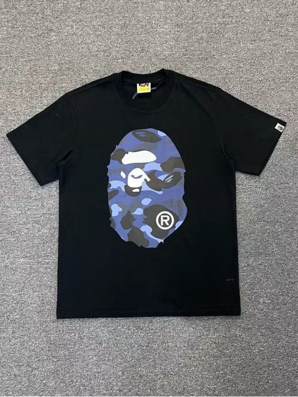Black Short-Sleeve Tee with Blue Camo Ape Graphic